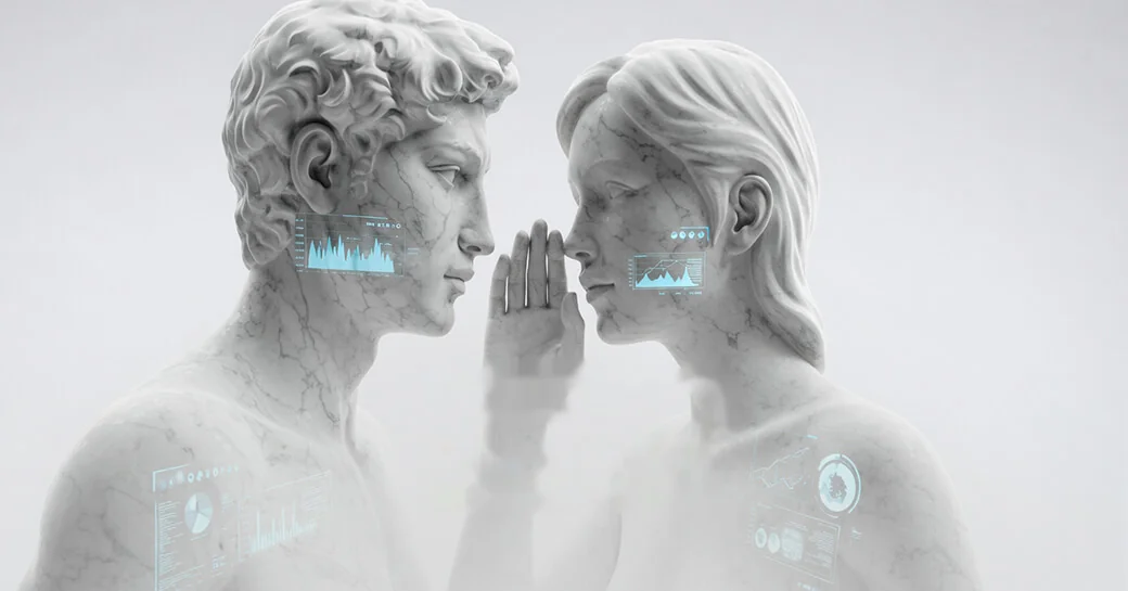 Dos estatuas de mármol, una le susurra a la otra, con gráficas de datos proyectadas